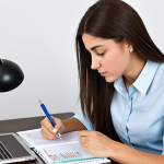 A focused professional woman in a modest business casual outfit, sitting at a clean, modern desk in a bright, organized home office. She is attentively reviewing study materials for an exam, with an open textbook, a tablet displaying an interactive learning application, and a neat planner visible. The scene emphasizes concentration and effective time management.
    safe for work, appropriate content, fully clothed, professional, modest clothing, appropriate attire, perfect anatomy, correct proportions, natural pose, well-formed hands, proper finger count, natural body proportions, professional photography, high quality, realistic.